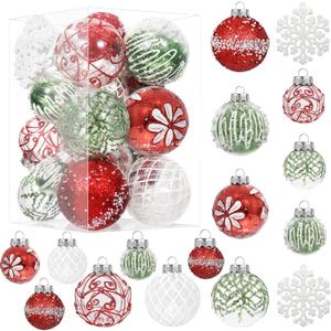 36 PCS Christmas Tree Ornaments Balls Set with Snowflake, Clear Red, Green, White Christmas Ornaments, Xmas Tree Hanging Glitter Ball Decor for Party Home Holiday