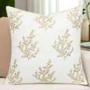 VAGMINE Embroidered Botanical Accent Pillow Cover 18x18  Ivory Cotton Square Cushion Cover for Chair & Couch Styling  Leaves