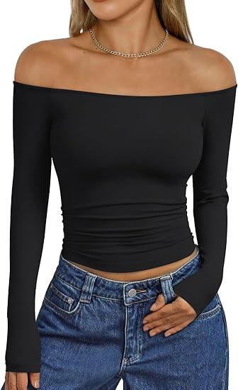 Trendy Queen Womens Long Sleeve Off The Shoulder Tops Going Out Cute Basic Y2K Fall Fashion 2026 Outfits Clothes, Large