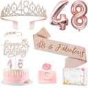 Awfrky 48th Birthday Decorations for Her Women, Including 48 year old Birthday Cake Topper,Queen Sash with Pearl Pin, Sweet Rhinestone Tiara Crown, Number Candles and Balloons Set, Rose Gold