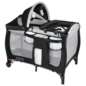 Kinder King 4 in 1 Portable Pack n Play, Baby Nursery Center Playard w/Bassinet, Large Playpen for Infant and Toddler, Newborn Changing Table, Adjustable Canopy, Storage Basket, Travel Bag, Black