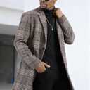 Uaneo Mens Winter Trench Coat Notched Collar Single Breasted Plaid Mid Long Peacoat Overcoats with Pockets (Brown, M)