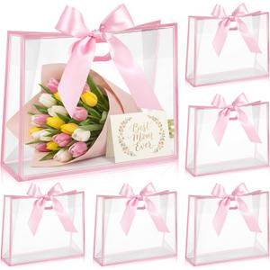 Aliceset 12 Pcs Clear Plastic Gift Bags with Die Cut Handles Reusable Party Favor Bags with Ribbon for Mother's Day Wedding Graduation Bridal Shower Baby Shower, 12 x 10 x 5''(Pink)