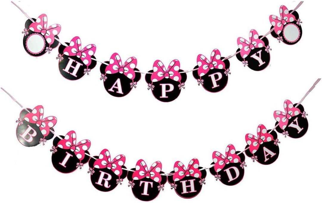 Mouse Ears Happy Birthday Banner, Mini Mouse Style Party Decorations, Party Supplies, Baby Shower Decor for Girls (style1)