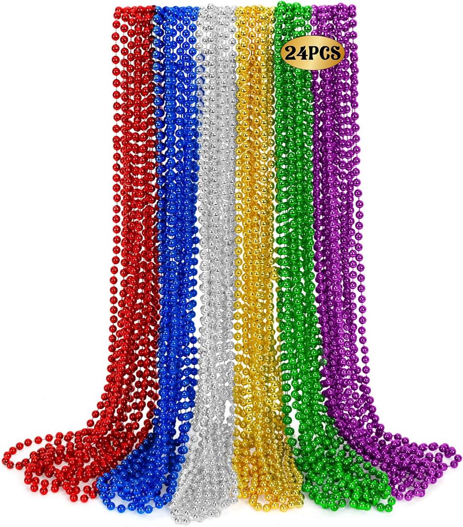 2 x 24 PCS Mardi Gras Beads, 33" Assorted Colors Carnival Beaded Necklaces, 6 Colors Bead Necklace Party Supplies, Round Beaded Costume Necklaces for Festive Event Accessories Parade Throws Favors
