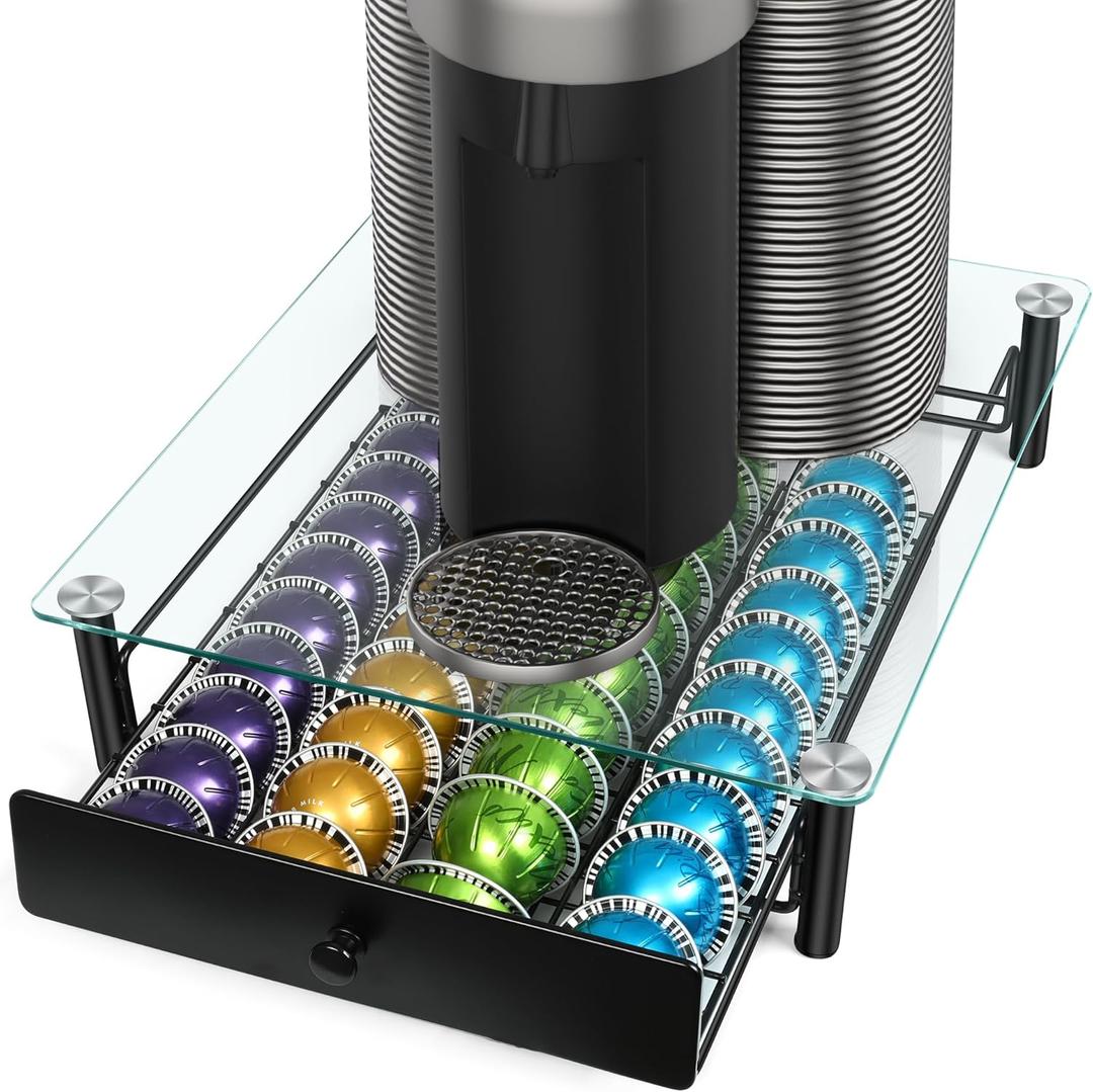 Coffee Pod Drawers, Crystal Tempered Glass Pod Holder Drawer Compatible with Nespresso Capsules, Holds Up to 40 Capsules, Size 14"x15.5"x4.5"