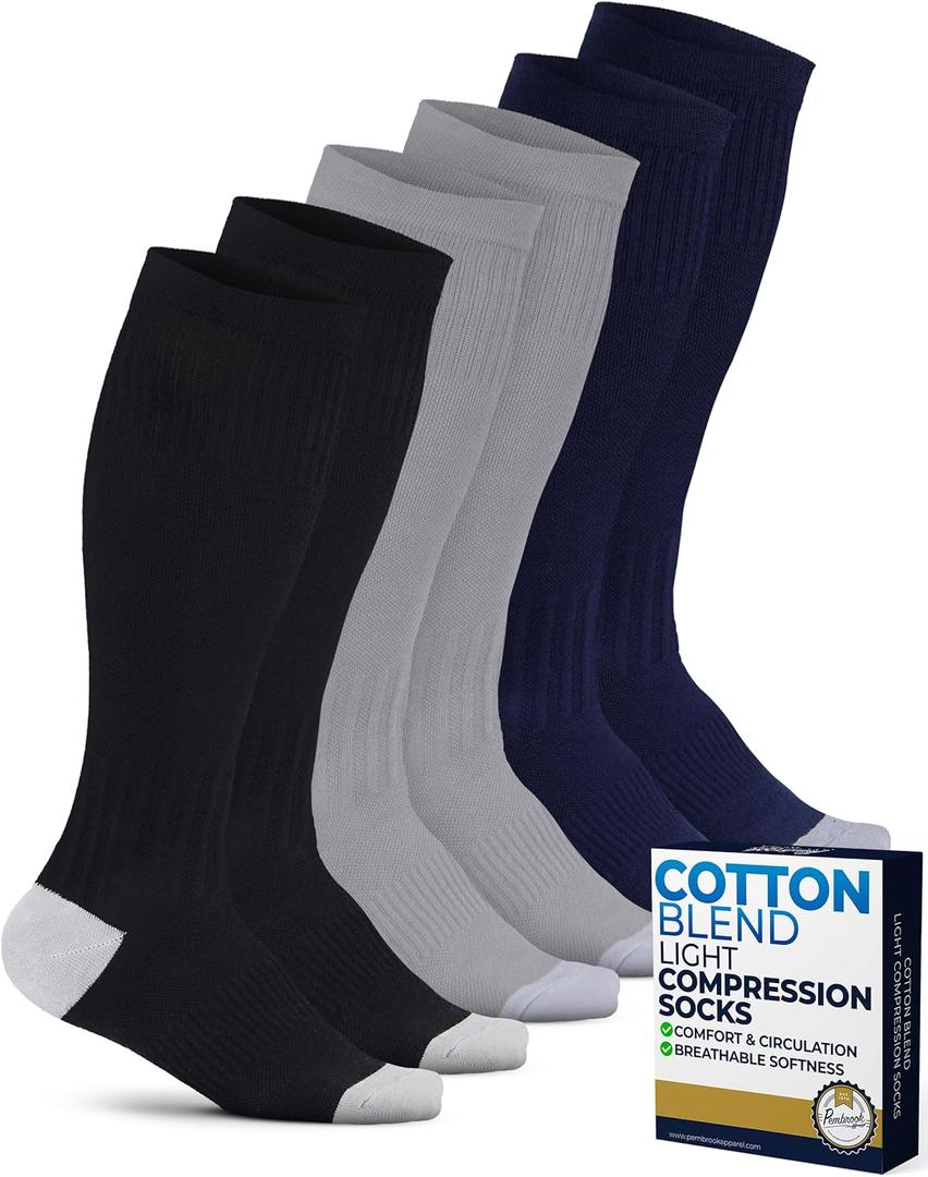 Pembrook Light Compression Socks for Women - 3 Pairs | 8-15 mmHg Cotton Compression Socks Women, Knee High Comfort & Support (Large, Black/Gray/Navy - 3 Pairs)