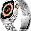 SUPLINK Stainless Steel Case with Bands Compatible with Apple Watch Ultra 2 Band/ 1/ Apple Watch Ultra 3 Band 49mm, Metal Rugged Protective Bumper Adjustable Strap for iWatch Bands Men, Silver