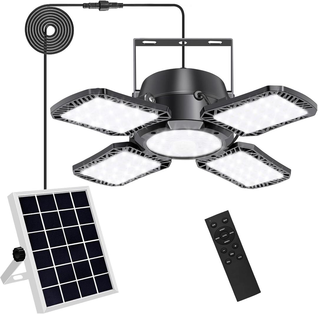 Aqonsie Solar Shed Light Outdoor Indoor, 176LED Solar Powered Motion Sensor Pendant Light Daytime, Solar Indoor Lights with 5 Lighting Modes & Remote for Shed Gazebo Barn Garage Home (Black (1 Pack))