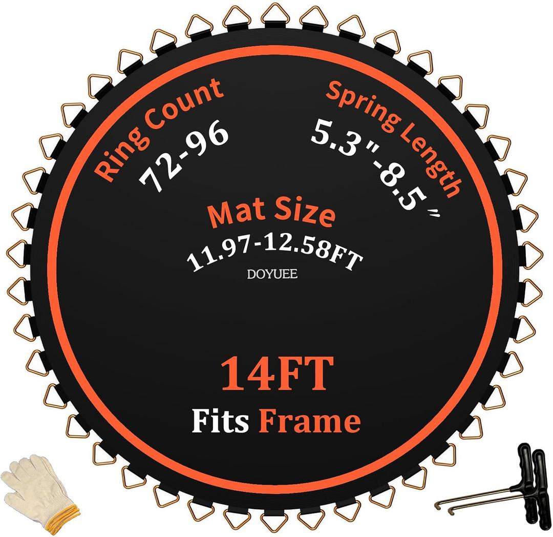 Trampoline Mat ReplacementFits 14ft Frame, with72/80/84/88/96 Rings for Choose,Fits 5.3"-8.5" Springs, Trampoline Mat Diameter 11.97ft-12.56ftSpring and Frame not Included