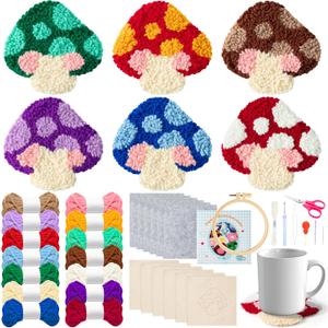WATINC Punch Needle Coaster Kit - 22PCS Easy Art Work Decor Coasters Kits for Beginners DIY Mushroom Pattern Tufted Rug Pads with Adhesive Felt Yarns Embroidery Hoop Instruction 6 Set