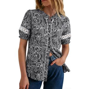 GRACE KARIN Women Boho Floral Tops, Summer Short Eyelet Sleeve Dressy Casual Shirts, Spring Button Down Blouse 2026 Trendy