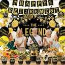 68Pcs Happy Retirement Party Decorations for Men and Women, Black Gold Retirement Party Decorations, Happy Banner, Backdrop, Hanging Swirls, Sash, Balloons, Cake &Food Toppers