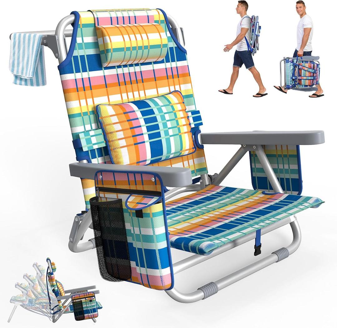 Suteck Beach Chair, Adjustable 5-Position Backpack Beach Chairs for Adults Kids, Foldable Lay Flat Chair with Cooler Bag, Cup Holder and Lumbar Pillow, Reclining Lay Down Chairs for Lawn Outdoor