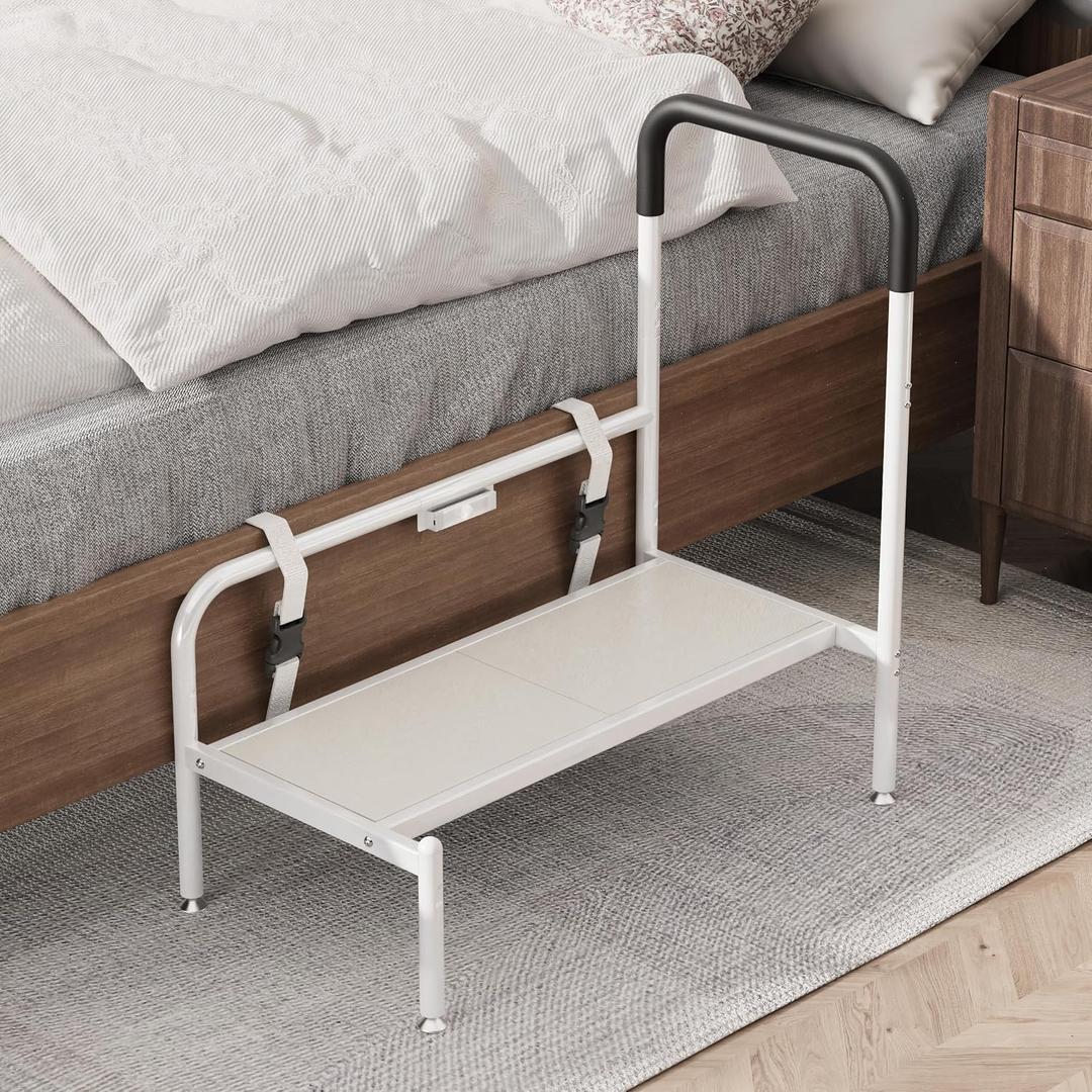 Bed Step Stool for Adults, Bedside Steps for Elderly Seniors with Non-Slip Handle & LED Light, Stable Assist Rail for High Beds, Standard