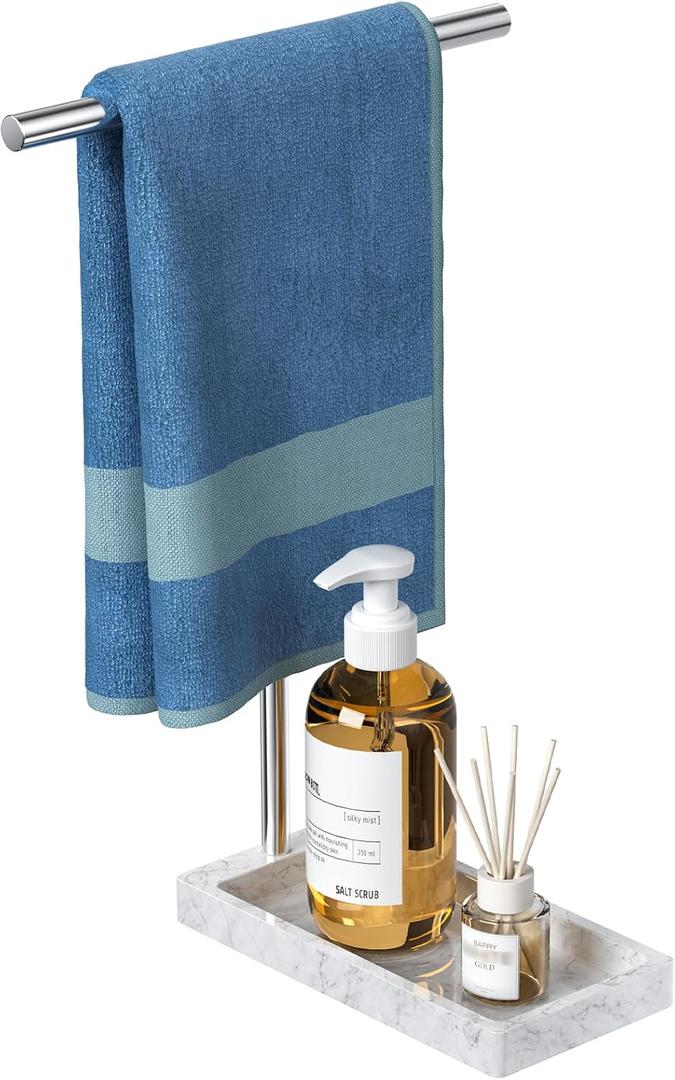 Volnamal Hand Towel Holder for Bathroom, 2-in-1 T-Shape Towel Stand with Countertop Tray, Hand Towel Rack Standing for Counter Top, Vanity, Kitchen, Heavy Non-Tipping Holder - Silver