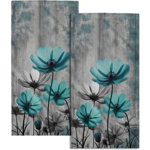 Teal Gray Floral Decorative Hand Towels for Bathroom Rustic Flower Wood Barn Vintage Kitchen Towels Set of 2 Turquoise Daisy Soft Absorbent Fingertip Dish Tea Towel for Home Yoga Gym Hotel (one size)