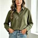 Minibee Women's Cotton Linen Button Down Shirts Long Sleeve Embroidered Blouses Casual Loose Fit Tunic Tops (Green, XXL)