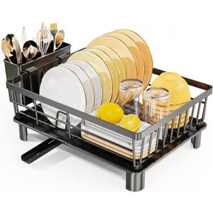 LIONONLY Large Dish Drying Rack with Drainboard, Stainless Steel Dish Rack for Kitchen Counter,Detachable Dish Drainer Organizer Shelf with Utensil Holder Set (Black)