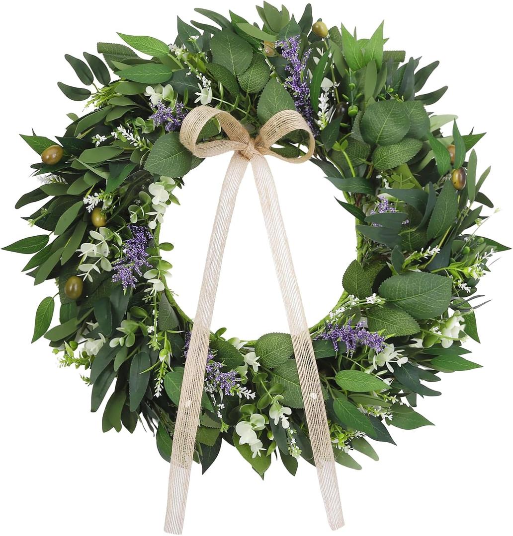 22Inch Spring Eucalyptus Wreath for Front Door Greenery Wreath Door with Olive Boxwood Leaves Bow for Spring Summer All Season Outdoor Home Decor