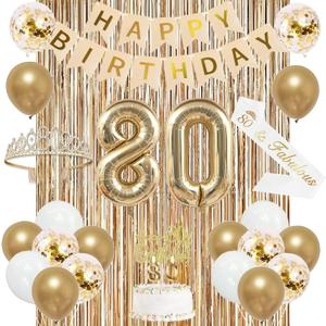Trgowaul 80th Birthday Decorations for Women, Banner, Sash and Crown, Cake Topper, 80 Number Balloon, Fringe Curtains, Champagne Gold 80th Birthday Party Supplies