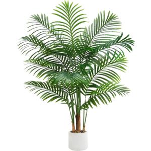 Artificial Palm Tree 4FT Faux Plants Indoor Tropical Fake Palm Tree Areca Floor Plant in White Pot with 13 Trunks & Real Bark Design, Faux Palm Plant for Outdoor Patio Home Room Office Decor