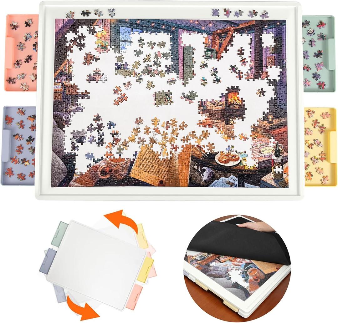 1000 Pieces Rotating Plastic Puzzle Board with Drawers and Cover, 30"x22" Portable Spinning Jigsaw Puzzle Table for Adults, Upgraded Lazy Susan, Ideal Gift for Mum