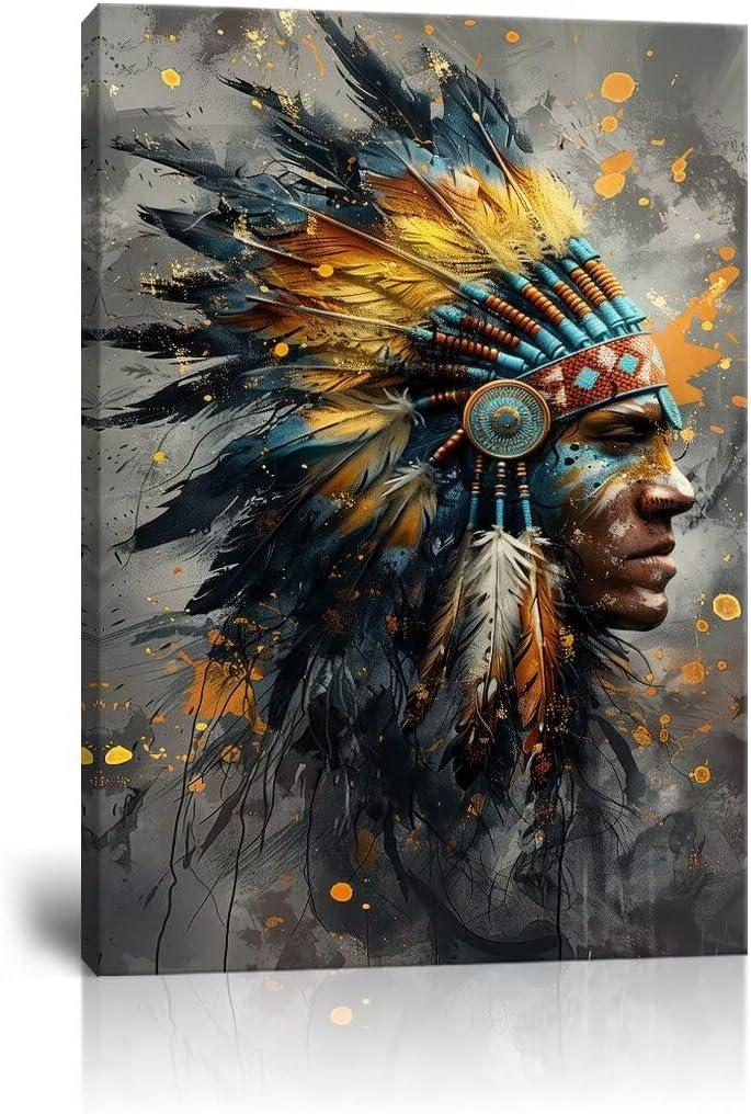 Wall HDQ Native American Chief Feathered Oil Painting Colorful Indian Canvas Wall Art Retro Wall Decor for Bedroom Bathroom Home Decorations Framed(24" x 36")