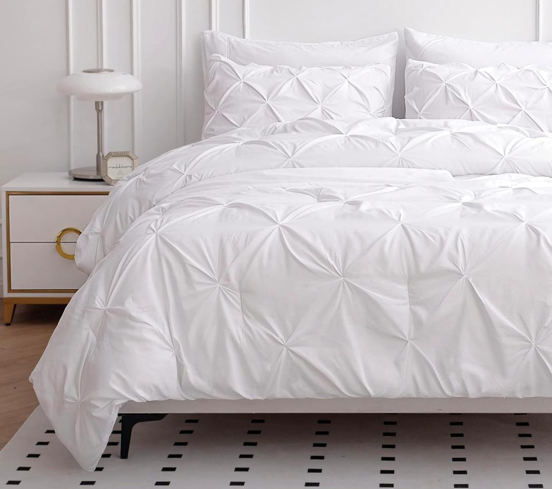 LANE LINEN California King Comforter Set, 7 Piece Bed in a Bag with Cal King Bed Bedding Set, Pintuck Comforter Set, Soft Cali King Bed Set, Comforter Sets with Sheets, Pillowcases & Shams - White