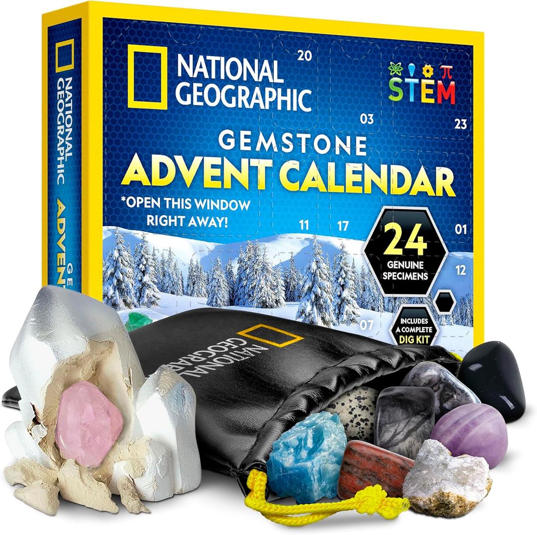 NATIONAL GEOGRAPHIC Gemstone Advent Calendar - 2025 Christmas Countdown Calendar for Kids with 24 Gems to Open Each Day, Complete Rock Collection with Mini Gemstone Dig Kit