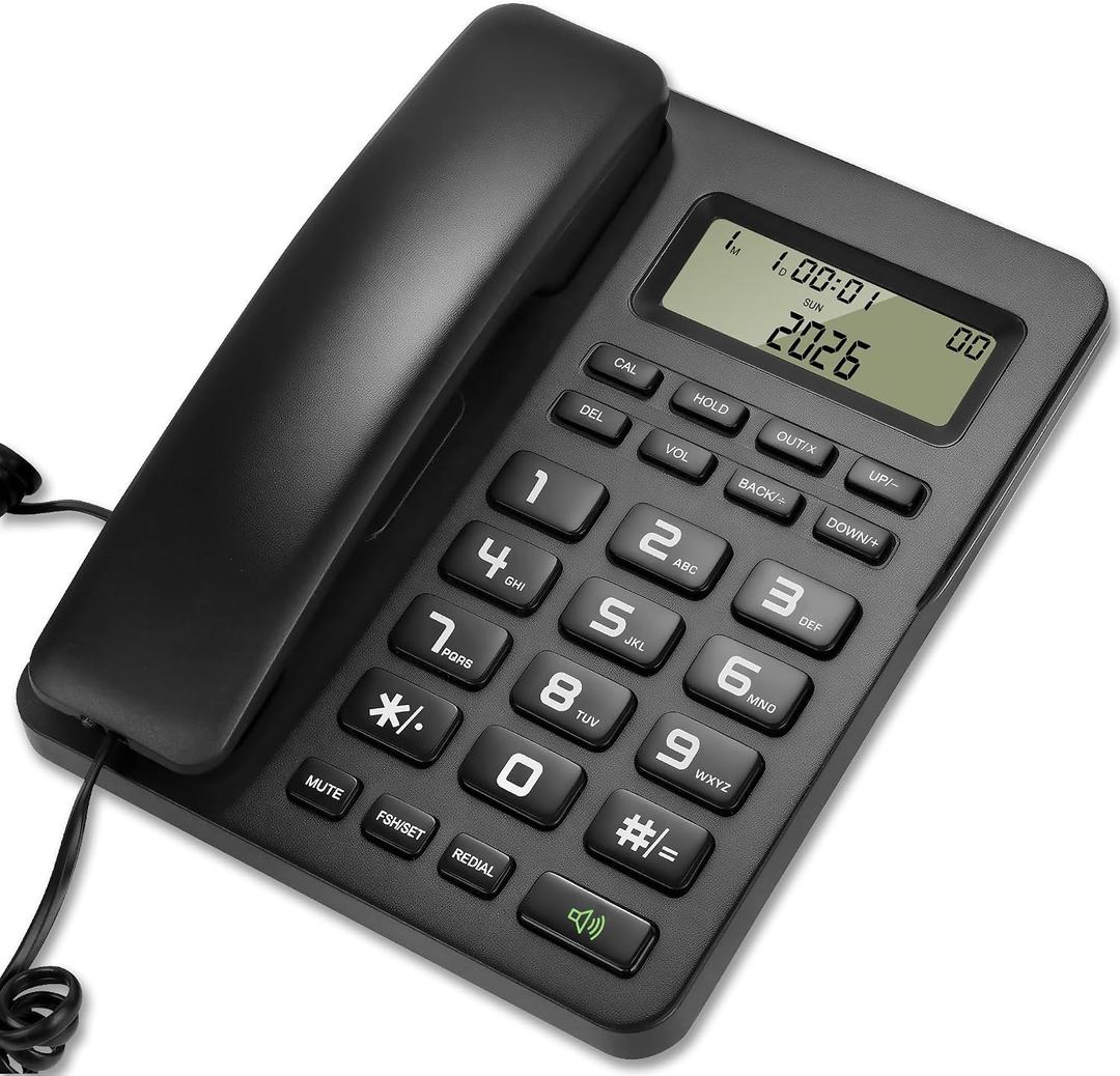 Corded Landline Phones for Home/Office, Desk Corded Telephone with Display and Adjustable Volume, Support Music on Hold, Speakerphone, DND and Calculator Function, Uvital House Phone (Black)