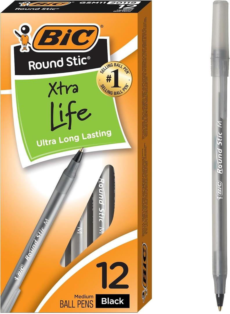 BIC Round Stic Xtra Life Black Ballpoint Pens, Medium Point (1.0mm), 12-Count Pack of Bulk Pens, Flexible Round Barrel for Writing Comfort, No. 1 Selling Ballpoint Pens