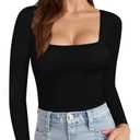 MANGOPOP Womens Long Sleeve Square Neck T Shirts Tops Fitted Tees(Black, X-Small)