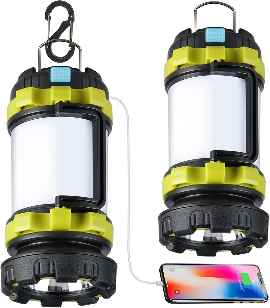 2 Pack Camping Lantern, Outdoor Led Camping Lantern, Rechargeable Flashlights with 1000LM, 6 Modes, 4000mAh Power Bank, IPX5 Waterproof Portable Emergency Camping Light for Hurricane Hiking (Green)