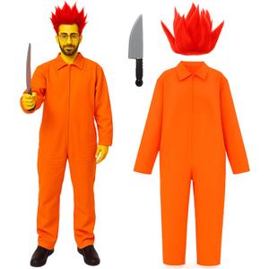 Halloween Orange Prisoner Cosplay Costume with Men's Red Wig Spiky Synthetic Short Hair and a Simulated Short Knife Prison Jumpsuit Adult Halloween Costumes for Men Jail Outfit