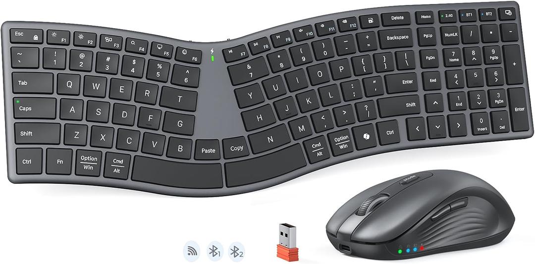 MEETION Ergonomic Keyboard and Mouse Wireless, Split S-Curve Design, 2.4G Wireless & Dual Bluetooth, Slim Low-Profile Rechargeable Full Size Keyboard, 4 DPI Mouse for Windows Mac PC Laptop Computer, Q