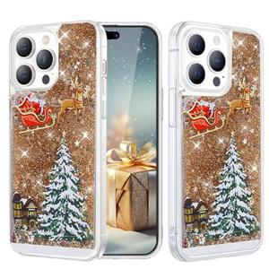 AuroiCCY Glitter Christmas Case for iPhone 16 Pro Max Glitter Case Christmas Tree Clear Floating Flowing Moving Bling Snowman Santa Elk Tree Women Cute Liquid Holiday Case for iPhone 16 Pro Max (Gold)