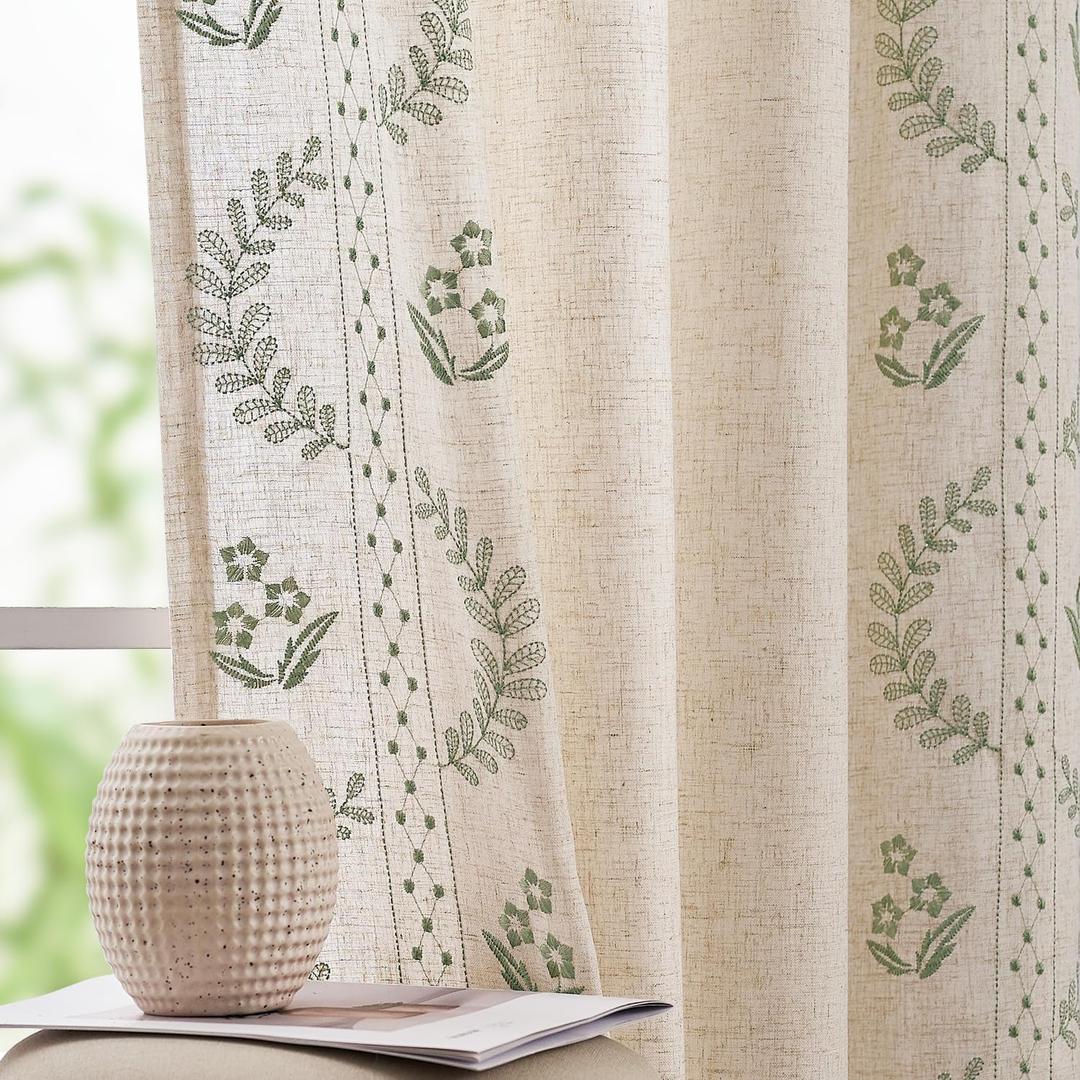 Belrose Linen Curtains for Bedroom Floral Curtains 84 Inch Length Linen Blend Sage Green Embroidered Drapes Farmhouse Flower Patterned Drapes for Living Room Window Treatments Set 2 Panels