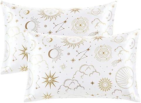 EXQ Home Satin Pillowcase Silky Satin Pillowcase for Hair and Skin,Soft Cooling Printed Pillow Cases Queen Size Set of 2 Satin Pillow Case for Women with Envelope Closure (White Moon,20X30inch)
