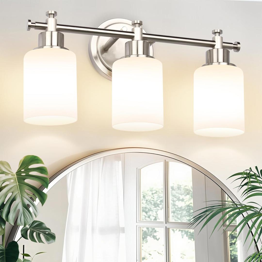 3-Light Bathroom Vanity Light Fixture, Brushed Nickel Compact Vanity Light with White Frosted Glass Shades for Mirror, Bathroom, Living Room, Modern Style, E26 Base, 16 Inch