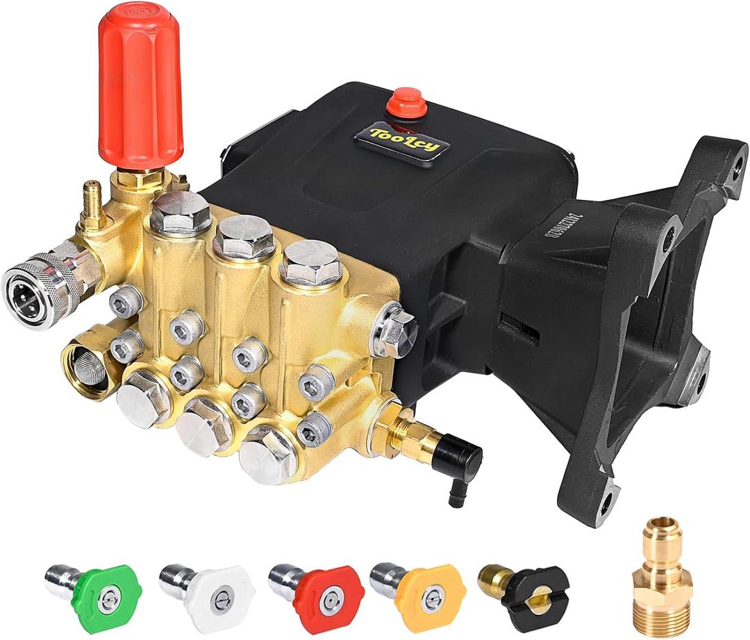 TOOLCY Pressure Washer Pump 3600-4400 PSI Max 4.4 GPM, 1 Inch Shaft Horizontal Triplex Plunger Replacement, Direct Drive with Unloader, 5 Nozzle Tips, M22-14mm Adapter