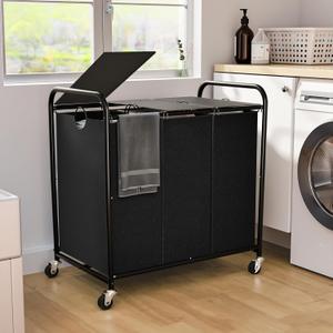 180L (47.55 Gal) Laundry Sorter 3 Section, Rolling Laundry Basket with Lockable Wheels and Lid, Laundry Hamper with 3 Separated Removable Bags Dirty Clothes Hamper for Laundry Room Organizer, Black