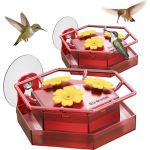 Birdream 2 Pack Window Hummingbird Feeders for Outdoors, Hummingbird Feeder with Strong Suction Cups, Built-in Ant Moat, Easy to Clean & Refill, 8.8oz Total, Red