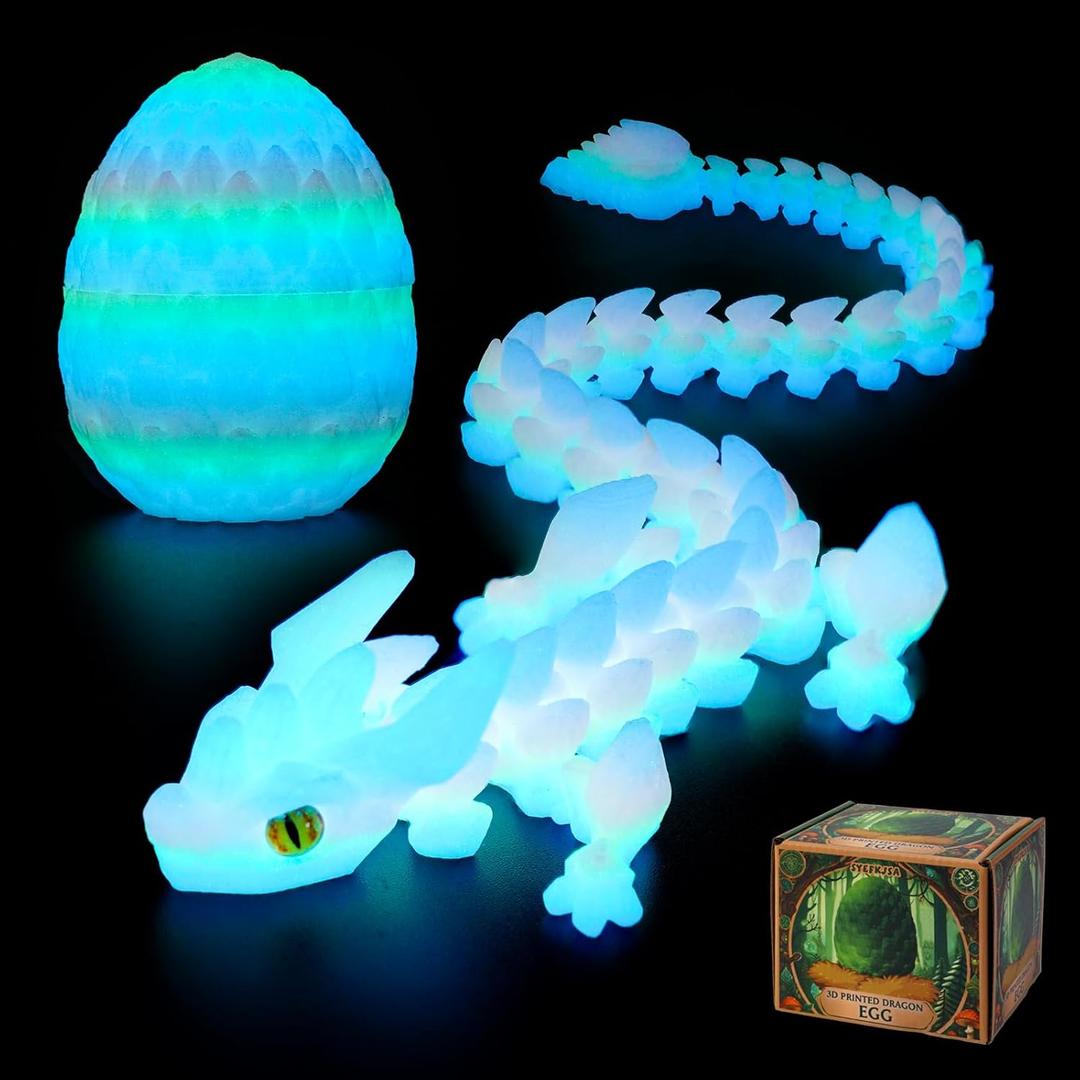 3D Printed Dragon Eggs with Dragon Inside - 12Inch,Articulated Fidget 3D Printed Animals, Interesting Decorative Gift, Easter Basket Essentials Stuffers (Glow in the Dark)
