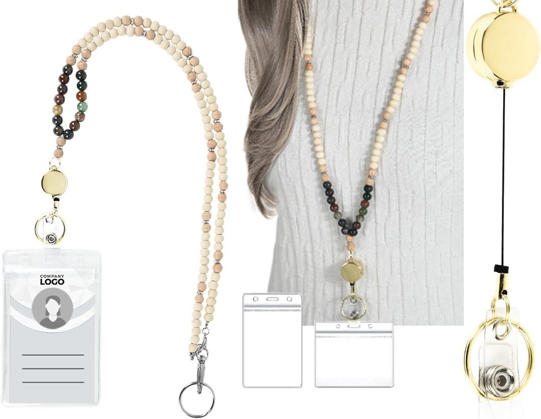 Lanyards for ID Badges Lanyards for Keys Teacher Lanyard with ID Holder Retractable Lanyard Cute Badge Lanyards (Amazonite- Wooden)