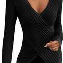 Flamingals Women's Elegant Casual Chic Deep V Neck Long Sleeve Stretchy Rib Knit Asymmetrical Wrap Slim Fit T Shirt (X-Large, Black)