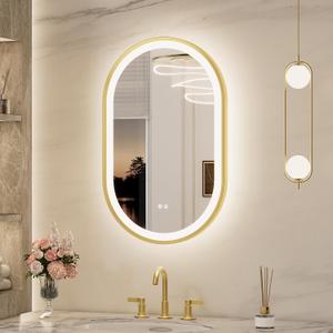 Keonjinn Oval LED Bathroom Mirror 20x32 Inch, Gold Beveled Metal Frame, Frontlit & Backlit Bathroom Mirror with 3 Color Tempurature, Dimmable Lighted Mirrors for Wall with Anti-Fog, HD Tempered Glass