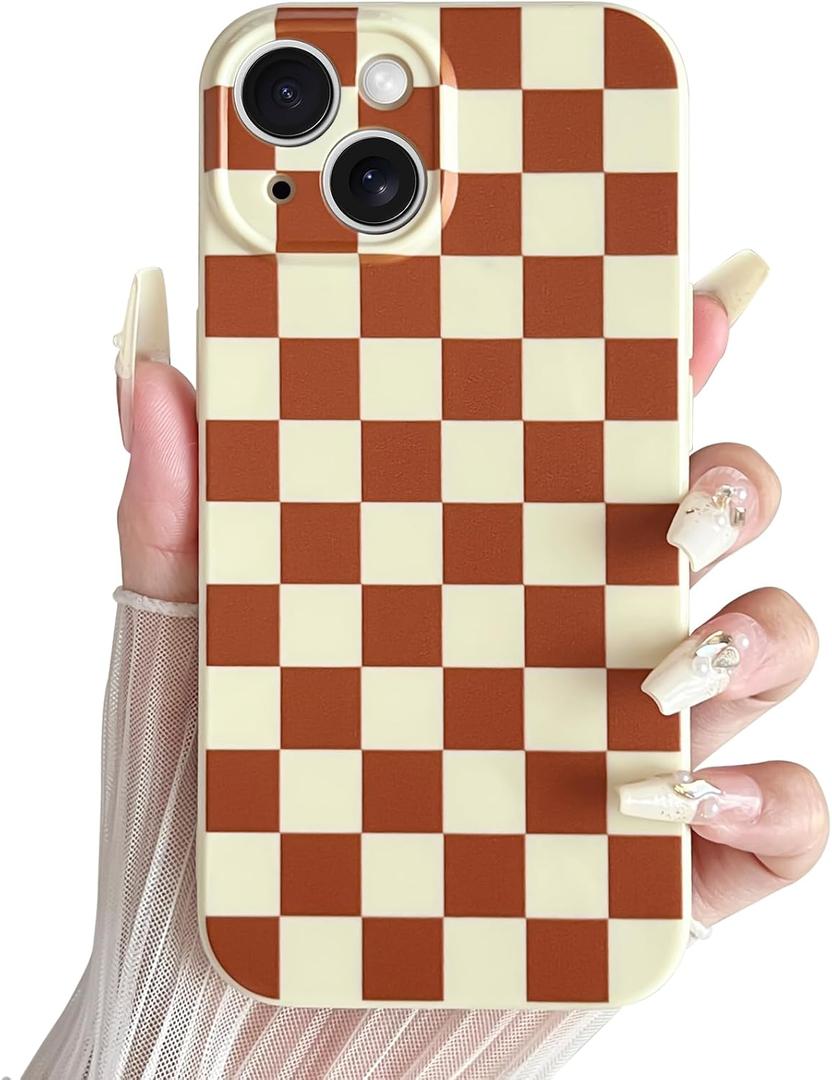 Skyseaco Compatible with iPhone 14 Pro Case Cute Checkerboard Checkered Pattern Design Soft Slim TPU Phone Case Shockproof Full Camera Protection for Women Girls - Yellow&Brown