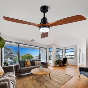 56" Wooden Ceiling Fans with Lighted Remote Control, Indoor Outdoor Wooden Ceiling Fan, Outdoor Modern Ceiling Fan with 3 Fan Blades for Patio, Living Room, Office, Hallway and More. (Black + Walnut)
