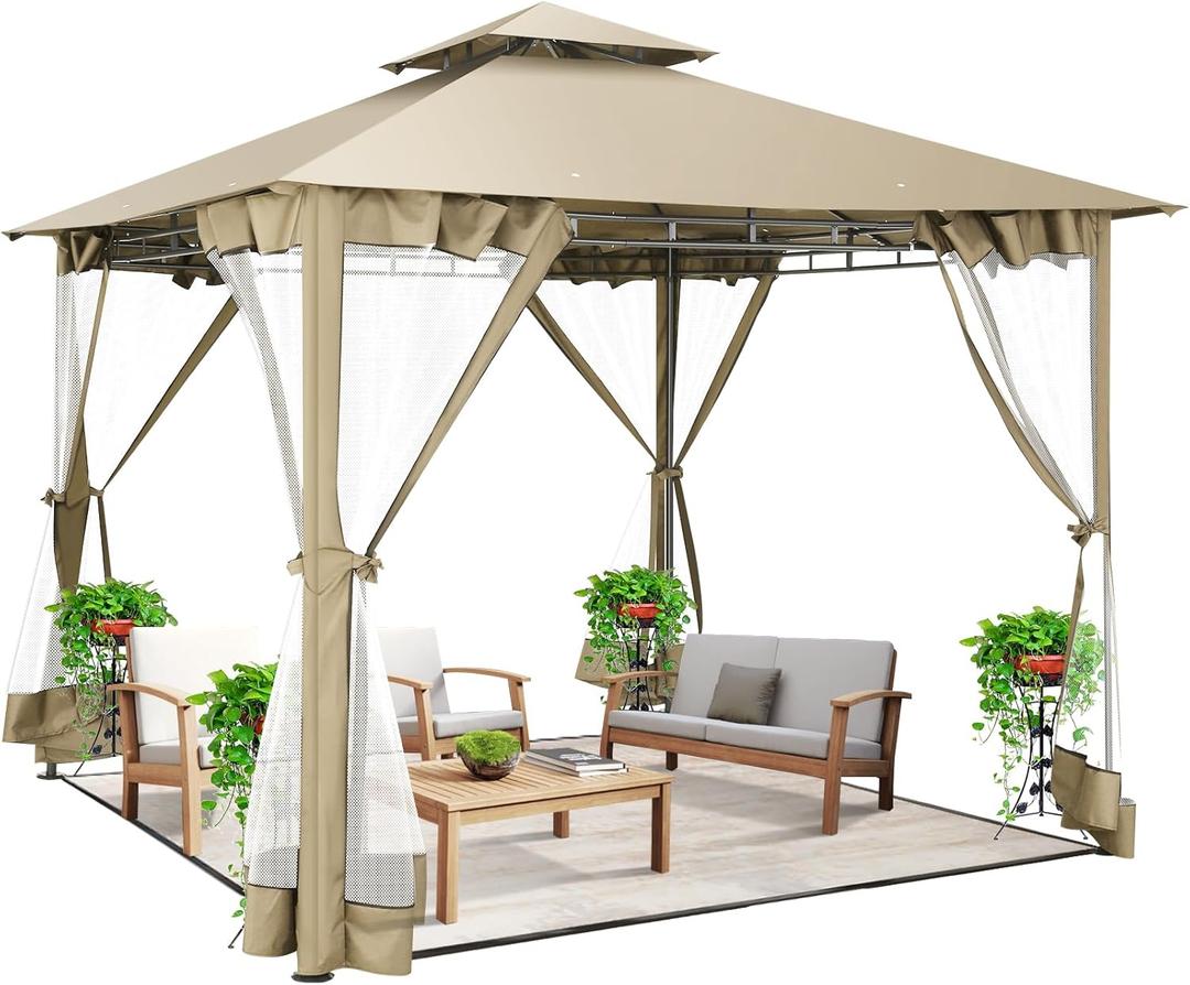 HOTEEL Outdoor Gazebo 10x10 Gazebos on Clearance with Netting, Waterproof Canopy Tent with Heavy Duty Party Tent Steel Frame, High Wind-Resistant Shelter for Backyard, Deck & Garden Windproof Khaki